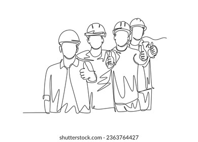 Continuous one line drawing of young happy male and female building builder groups wearing helmet giving thumbs up gesture. Great team work concept. Single line draw design vector graphic illustration