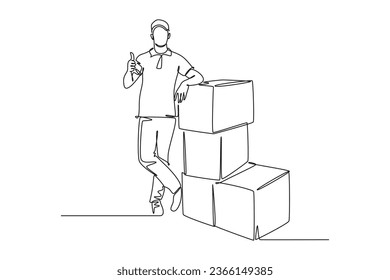 Continuous one line drawing young happy delivery man thumbs up while lift up and deliver carton box packages to customer. Delivery service business. Single line draw design vector graphic illustration