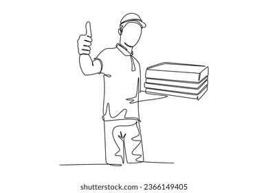 Continuous one line drawing of young happy pizza delivery man gives thumbs up gesture before deliver package to customer. Food delivery service business. Single line design vector graphic illustration