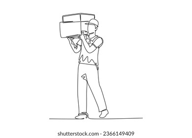 Continuous one line drawing young happy delivery courier man gives thumbs up gesture while lift up carton box packages. Delivery service business. Single line draw design vector graphic illustration