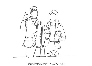 Kontinuierlich eine Linie zeichnen junge glückliche Paar Geschäftsmann und Geschäftsfrau geben Daumen auf Geste. Business-Teamwork und Collaboration-Konzept. Vektorgrafik-Illustration mit Einzelzeilenzeichnung