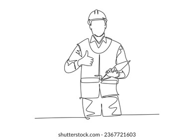 Una línea continua dibujando al joven capataz con casco y llevando el portapapeles dando gestos de aprobación. El concepto de servicio de mantenimiento del hogar. ilustración vectorial de diseño de línea única