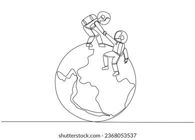 Continuous one line drawing young astronaut helps colleague climb big globe. Metaphor of reaching top of the world through increasing business. Teamwork. Single line draw design vector illustration