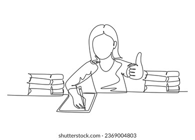 Dibujo continuo de una línea de una joven y feliz estudiante de primaria estudiando en la biblioteca mientras da gestos de aprobación. Concepto de educación. ilustración vectorial de diseño de línea única