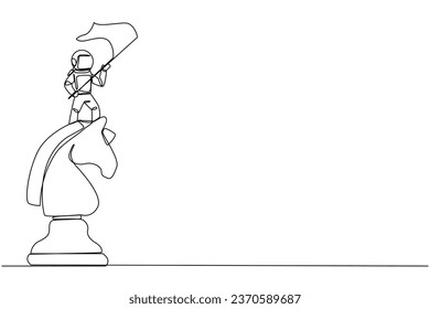 Continuous one line drawing young energetic astronaut standing on top of big horse chess and waving a flag. Business achievement goal, metaphor concept. Single line draw design vector illustration