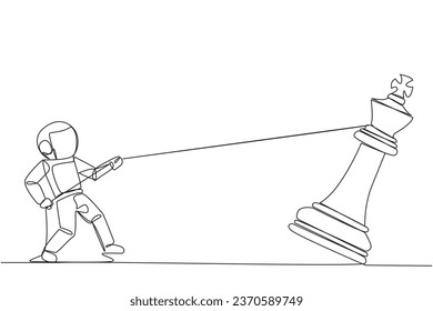 Continuous one line drawing young energetic astronaut pulling big king chess with rope. Business achievement goal, strategy, competitive, strategic concept. Single line draw design vector illustration