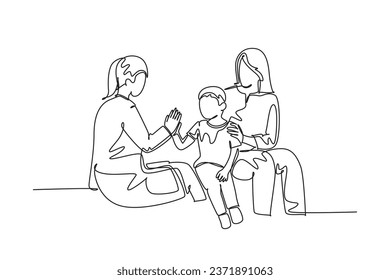 Una línea contínua dibujando a una joven doctora feliz revisando a un niño enfermo y dando cinco gestos. Concepto de atención médica. ilustración vectorial de diseño de línea única