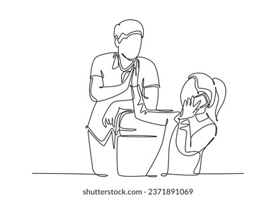 Continuous one line drawing young happy couple celebrate their success while the woman talking on phone and give high five gesture. Business deal. Single line draw design vector graphic illustration