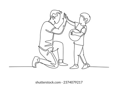 Continuous one line drawing young happy father bow his body to gives high five gesture to his attractive little boy. Parenting family care concept. Single line draw design vector graphic illustration