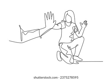 Continuous one line drawing young happy woman take a rest after do some exercise and giving high five to her friend at outfield park. Friendship concept. Single line design vector graphic illustration