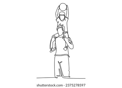 Continuous one line drawing young happy father lift up his son on the shoulder and playing ball together at outdoor park. Parenting family concept. Single line draw design vector graphic illustration