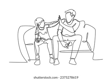 Continuous one line drawing of young happy father have fun playing console video game with his son on the couch together. Parenting family concept. Single line draw design vector graphic illustration