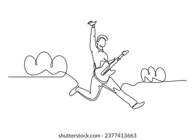 Continuous one line drawing young energetic guitarist jumping at stage and playing electric guitar. Energetic musician artist performance concept. Single line draw design vector graphic illustration