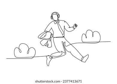 Continuous one line drawing of young happy business man carrying a suit jumping over the cloud while listening music. Business success celebration. Single line draw design vector graphic illustration