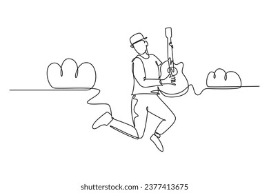 Continuous one line drawing young energetic guitarist jumping at stage and playing electric guitar. Energetic musician artist performance concept. Single line draw design vector graphic illustration