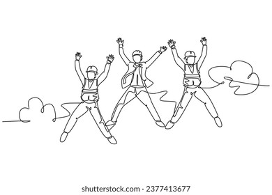 Continuous one line drawing young happy business man and business woman jumping to celebrate their successive business. Business deal celebration. Single line draw design vector graphic illustration