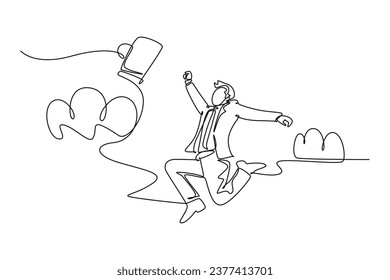 Continuous one line drawing young happy and energetic business man throwing briefcase jumping over the cloud. Business success celebration concept. Single line draw design vector graphic illustration