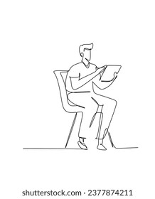 Continuous one line drawing of a young man sitting on a chair and reading a book.
