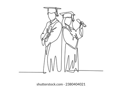 Continuous one line drawing young happy couple graduate college student hold paper, celebrate their graduation from university. Education concept. Single line draw design vector graphic illustration