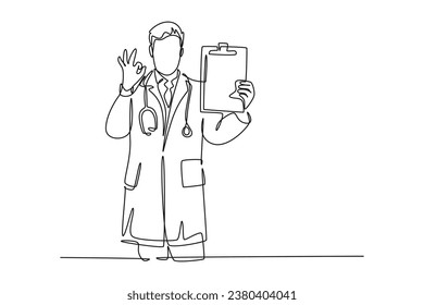 Continuous one line drawing of young happy male doctor showing medical to do list task on clipboard and giving good hand gesture. Medical check up. Single line draw design vector graphic illustration