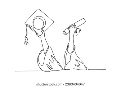 Continuous one line drawing of young happy graduate college students lift up a graduation letter paper roll and cap. Graduate from school concept. Single line draw design vector graphic illustration