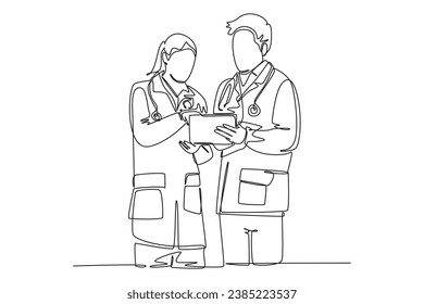 Una línea contínua dibujando al joven y inteligente médico discutiendo sobre el tema de la salud en la tableta. Concepto de servicio de atención médica. ilustración vectorial de diseño de línea única