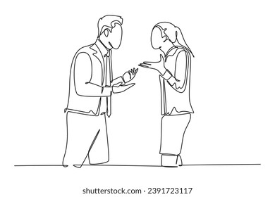 Continuous one line drawing young angry businessman and businesswoman arguing, debating business project at office. Business deal failure concept. Single line draw design vector graphic illustration