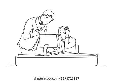 Continuous one line drawing of young furious manager blaming his frustrated staff about lack job performance. Work pressure at the office concept. Single line draw design vector graphic illustration