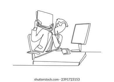 Continuous one line drawing young furious male worker ready to smash monitor computer using file folder. Stress work overload at the office concept. Single line draw design vector graphic illustration