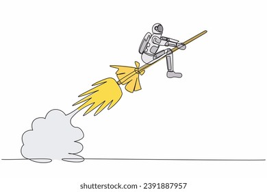 Continuous one line drawing of young astronaut riding magic broom rocket flying in moon surface. Launching spaceship company. Cosmonaut outer space. Single line draw design vector graphic illustration