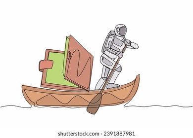 Continuous one line drawing of young astronaut sailing away on boat with wallet. Problem in space company due to economic crisis. Cosmonaut outer space. Single line design vector graphic illustration