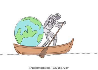 Continuous one line drawing young astronaut sailing away on boat with globe. Exploration mission journey across planets. Cosmonaut outer space concept. Single line design vector graphic illustration