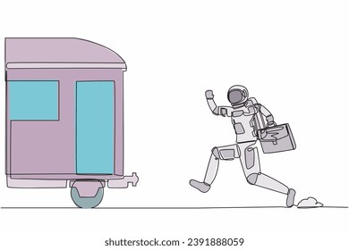 Continuous one line drawing of young astronaut run chasing train in moon surface. Transport system in space station. Cosmonaut outer space concept. Single line draw design vector graphic illustration