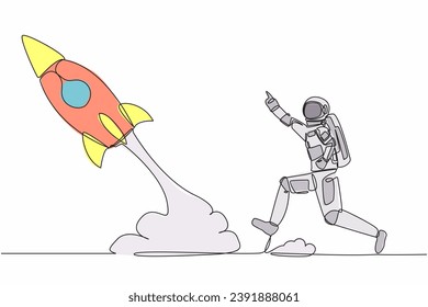 Continuous one line drawing young astronaut run chasing rocket take off in moon surface. Left behind departure back to earth. Cosmonaut outer space concept. Single line draw design vector illustration