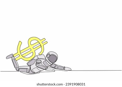 Continuous one line drawing of young astronaut under heavy dollar symbol burden. Overworked spaceman in galactic exploration. Cosmonaut outer space. Single line draw graphic design vector illustration