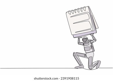 Continuous one line drawing young astronaut carrying heavy calendar on his back. Spaceman with exploration problem and deadline. Cosmonaut outer space. Single line graphic design vector illustration