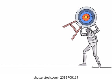 Continuous one line drawing young astronaut carrying heavy target on his back. Exhausted to achieve space exploration competition. Cosmonaut outer space. Single line graphic design vector illustration