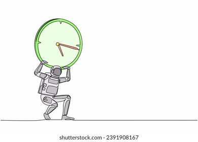 Continuous one line drawing young astronaut carrying heavy clock on his back. Galactic exploration within deadline and timeline. Cosmonaut outer space. Single line graphic design vector illustration
