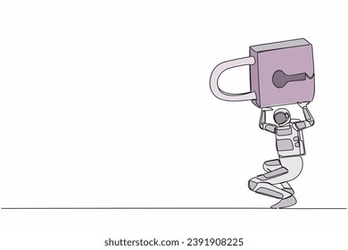 Continuous one line drawing young astronaut carrying heavy padlock on his back. Space company bankruptcy in financial crisis. Cosmonaut outer space. Single line draw graphic design vector illustration