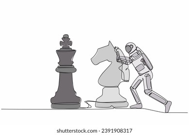 Continuous one line drawing of young astronaut push huge knight horse chess piece to take down king in moon surface. Cosmonaut outer space concept. Single line draw design vector graphic illustration