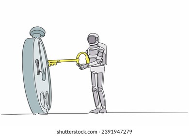Una línea contínua dibujando a un joven astronauta poniendo una gran llave en cronómetro. Planificación eficaz para el trabajo productivo en la empresa espacial. Espacio ultraterrestre Cosmonauta. Ilustración vectorial de diseño de líneas simples