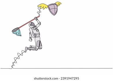 Continuous one line drawing young astronaut try to catching flying shield with butterfly net. Security for spaceship protection. Cosmonaut outer space. Single line graphic design vector illustration
