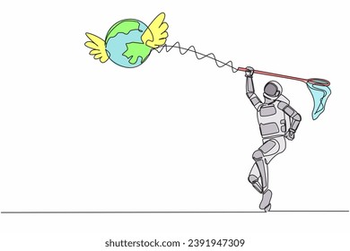 Continuous one line drawing young astronaut try to catching flying globe with butterfly net. Space trip and travel around the planet. Cosmonaut outer space. Single line draw design vector illustration