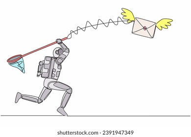 Continuous one line drawing of young astronaut try to catching flying mail with butterfly net. Message from spaceship exploration. Cosmonaut outer space. Single line graphic design vector illustration