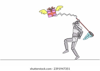 Continuous one line drawing young astronaut try to catching flying gift box with butterfly net. Winged package from other galaxy. Cosmonaut outer space. Single line graphic design vector illustration