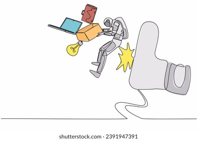 Continuous one line drawing of young astronaut kicked out of work with office supplies in moon surface. Scientist staff reduction. Cosmonaut outer space. Single line graphic design vector illustration