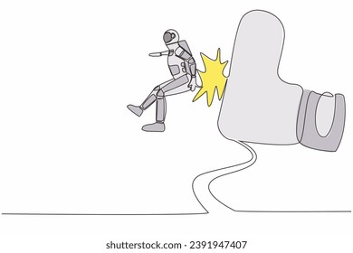Continuous one line drawing young astronaut getting fired, flying through air after being kicked in the back in moon surface. Cosmonaut outer space. Single line draw graphic design vector illustration