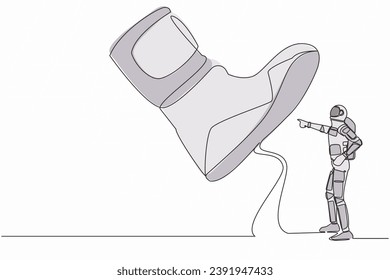 Continuous one line drawing young astronaut facing against giant shoes stomping. Spaceman pointing against giant foot step. Cosmonaut outer space. Single line draw graphic design vector illustration