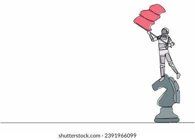 Continuous one line drawing young astronaut standing on top of big chess horse knight piece and waving flag. Cosmonaut outer space cosmic concept. Single line draw graphic design vector illustration