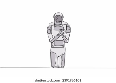 Continuous one line drawing young astronaut standing with keeping hands on chest. Spaceman suffering from chest pain or heart attack. Cosmonaut outer space. Single line draw design vector illustration